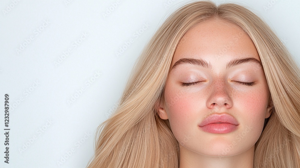Close-up portrait of young woman with blonde hair, closed eyes, minimal makeup, glowing skin, isolated on white background, beauty and skincare concept, minimalistic style
Close-up portrait of young woman with blonde hair, closed eyes, minimal makeup, glowing skin, isolated on white background, beauty and skincare concept, minimalistic style