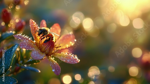 Bee collecting nectar from a pink flower in the early morning light with dew ...