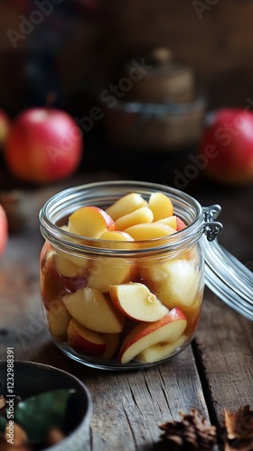 Delicious homemade apple slices preserved in a glass jar on a rustic wooden t...