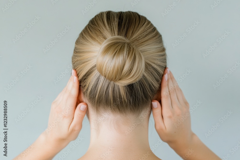 Fototapeta premium woman with blonde hair in a neat bun hairstyle, holding her head