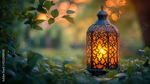 Decorative lantern illuminating a quiet street during evening hours in a hist...
