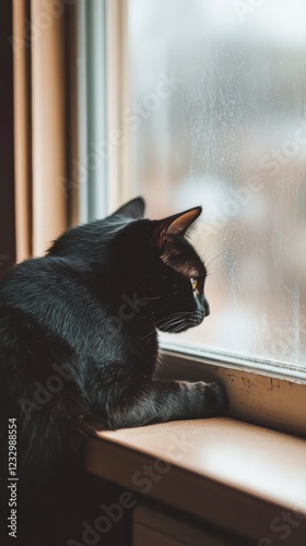 Black cat gazing out of a window in a cozy indoor setting during a rainy day