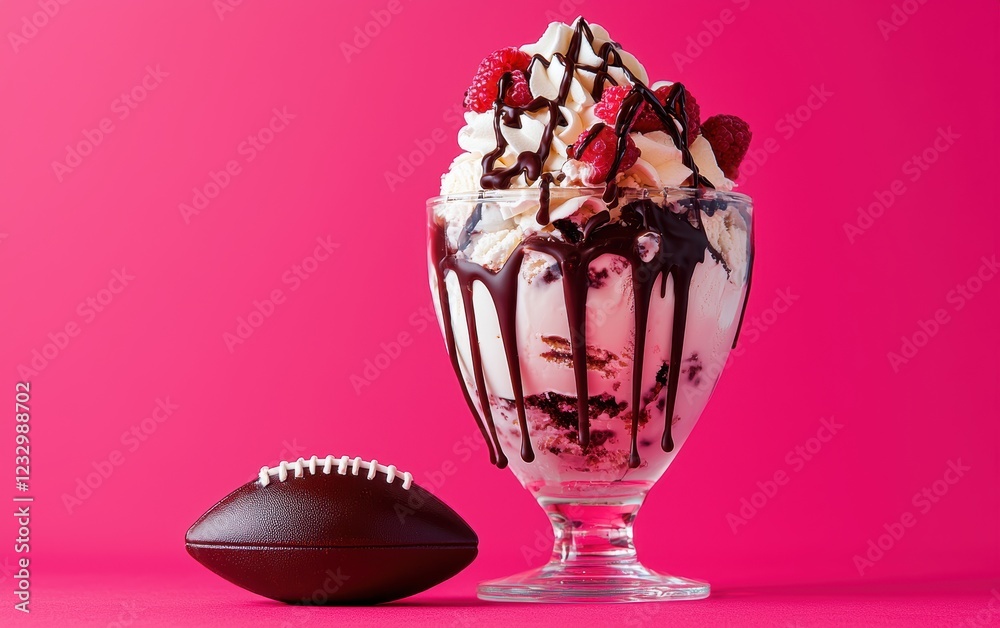 A football and a massive ice cream sundae with chocolate drizzle and whipped cream on a bold pink background, fun Super Bowl dessert A football and a massive ice cream sundae with chocolate drizzle and whipped cream on a bold pink background, fun Super Bowl dessert