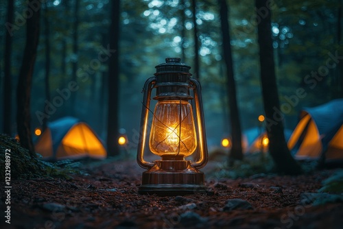 Lantern illuminates dark forest path leading to tents during night camping adventure photo