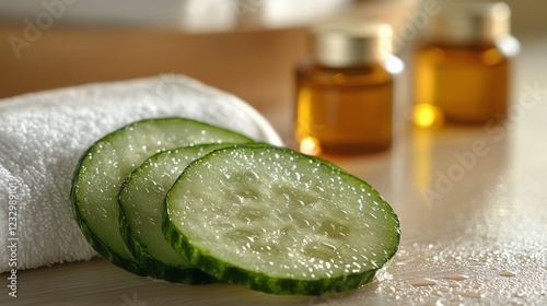Refreshing cucumber slices and essential oils arranged for relaxation in a se...