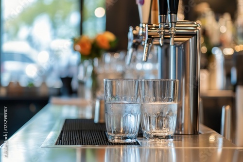Glasses of water sit on a sleek bar counter in a modern establishment during ...