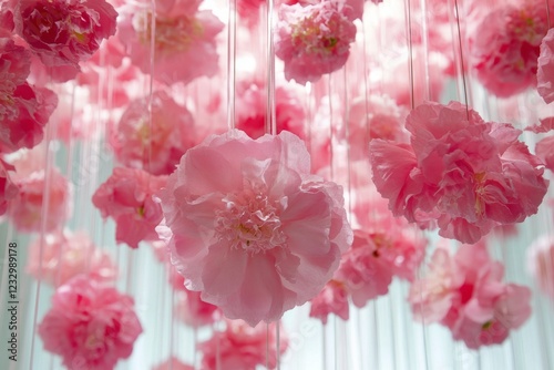 Beautiful display of hanging pink flowers creating a serene atmosphere in a b...