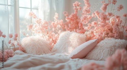 Soft pink flowers surround a cozy bed in a serene and inviting bedroom setting