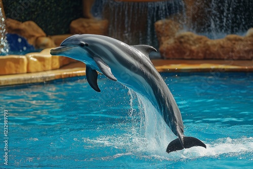 Dolphin leaps above water at marine park during afternoon show