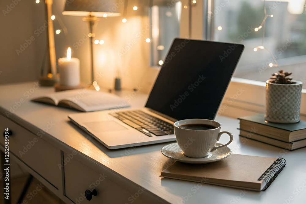 Remote Work, Work from home, A cozy workspace featuring a laptop, coffee cup, books, and ambient lighting, creating an inviting atmosphere for productivity. Remote Work, Work from home, A cozy workspace featuring a laptop, coffee cup, books, and ambient lighting, creating an inviting atmosphere for productivity.