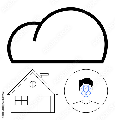 Large cloud graphic above simple house illustration and face with recognition pattern. Ideal for data storage, IoT, home security, privacy, AI, innovation, abstract line flat metaphor