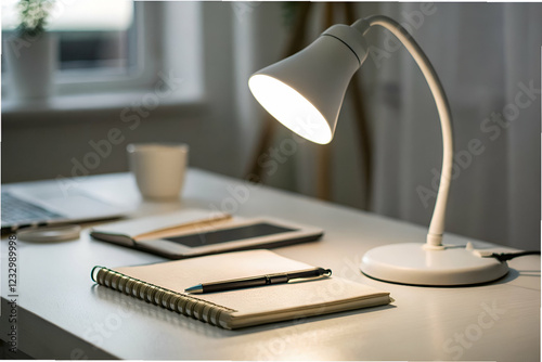 Remote Work, Work from home, A cozy workspace featuring a desk lamp, notebook, pen, tablet, and a cup, ideal for studying or creative work.