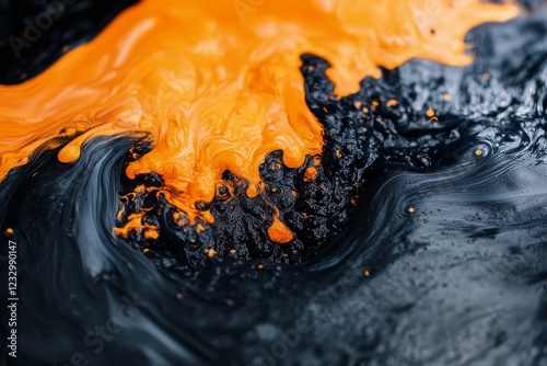 Vivid swirls of orange and black paint create an abstract art piece in a crea...