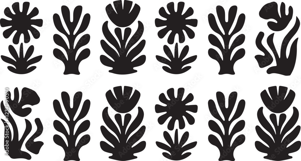groovy floral botanical black background in trendy naive retro hippie 60s 70s style | Groovy abstract flower posters | Floral doodle patterns | silhouette abstract wavy flower | Vector in simple groovy floral botanical black background in trendy naive retro hippie 60s 70s style | Groovy abstract flower posters | Floral doodle patterns | silhouette abstract wavy flower | Vector in simple