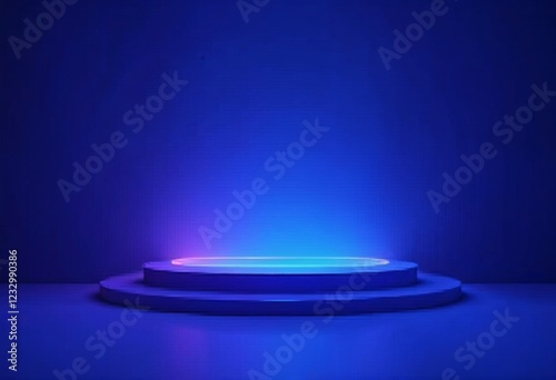 Glowing neon podium, abstract shiny blue cylinder pedestal podium