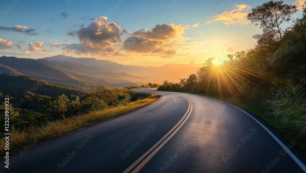 Sunset Road Trip: Winding Asphalt Through Majestic Mountains Sunset Road Trip: Winding Asphalt Through Majestic Mountains