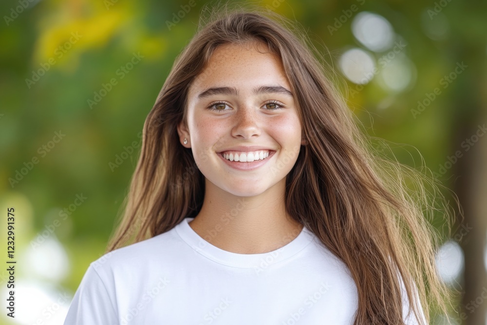 young woman with long brown hair smiling outdoors young woman with long brown hair smiling outdoors