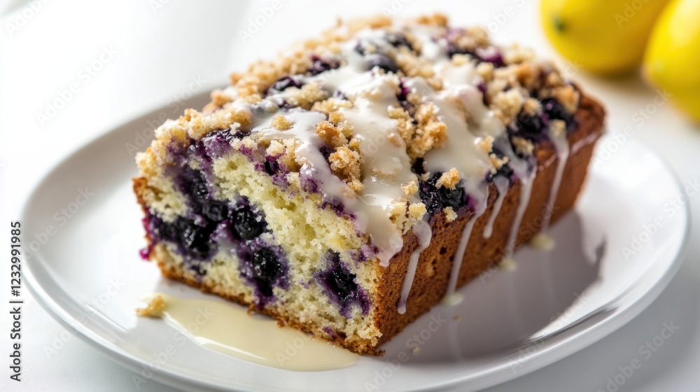 A slice of blueberry lemon loaf with a crumbly streusel topping and a drizzle of lemon glaze, placed on a plain white plate, Slice centered with a slightly angled view A slice of blueberry lemon loaf with a crumbly streusel topping and a drizzle of lemon glaze, placed on a plain white plate, Slice centered with a slightly angled view