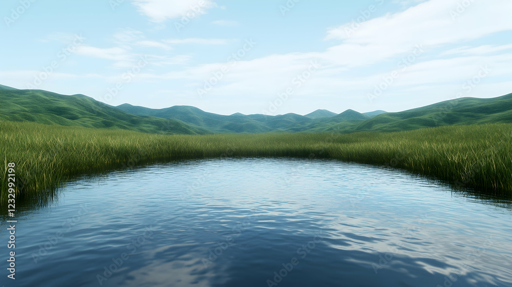 Obraz premium Serene mountain lake, grassy shores, clear sky; nature background