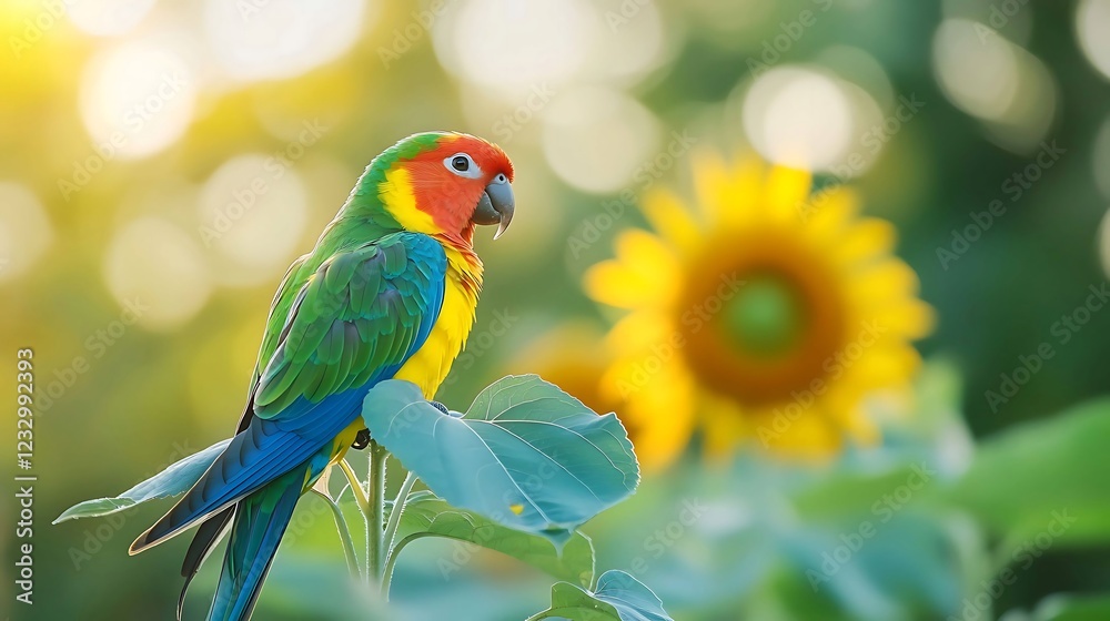 Fototapeta premium Colorful parakeet perched on a sunflower in a garden
