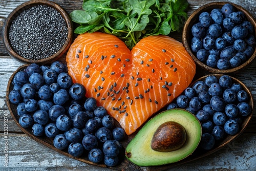 Heart-shaped ketogenic low-carb diet concept with healthy food ingredient selection on a white wooden background. Balanced healthy ingredients rich in unsaturated fats to support heart and blood
