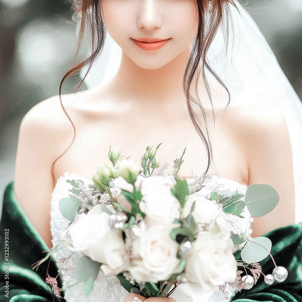 Obraz premium Elegant Bride Holding Bouquet Surrounded by Lush Greenery Outdoors