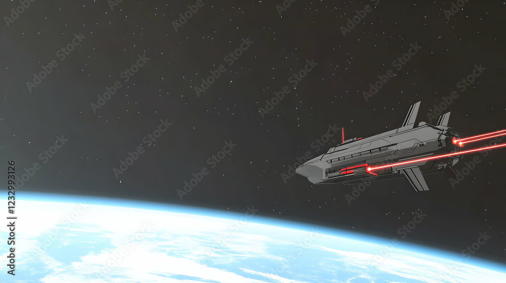 Naklejka premium Spaceship firing lasers above Earth.