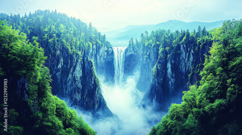 Majestic Waterfall Cascading Through Lush Green Mountain Valley
