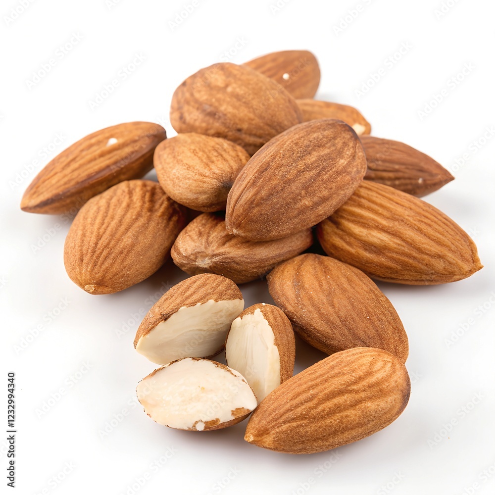 A high-quality close-up of whole almonds, with smooth, slightly rough brown skin and sharp edges, arranged naturally in a pile with some cracked open to reveal the inner white nut, against a pure whit A high-quality close-up of whole almonds, with smooth, slightly rough brown skin and sharp edges, arranged naturally in a pile with some cracked open to reveal the inner white nut, against a pure whit