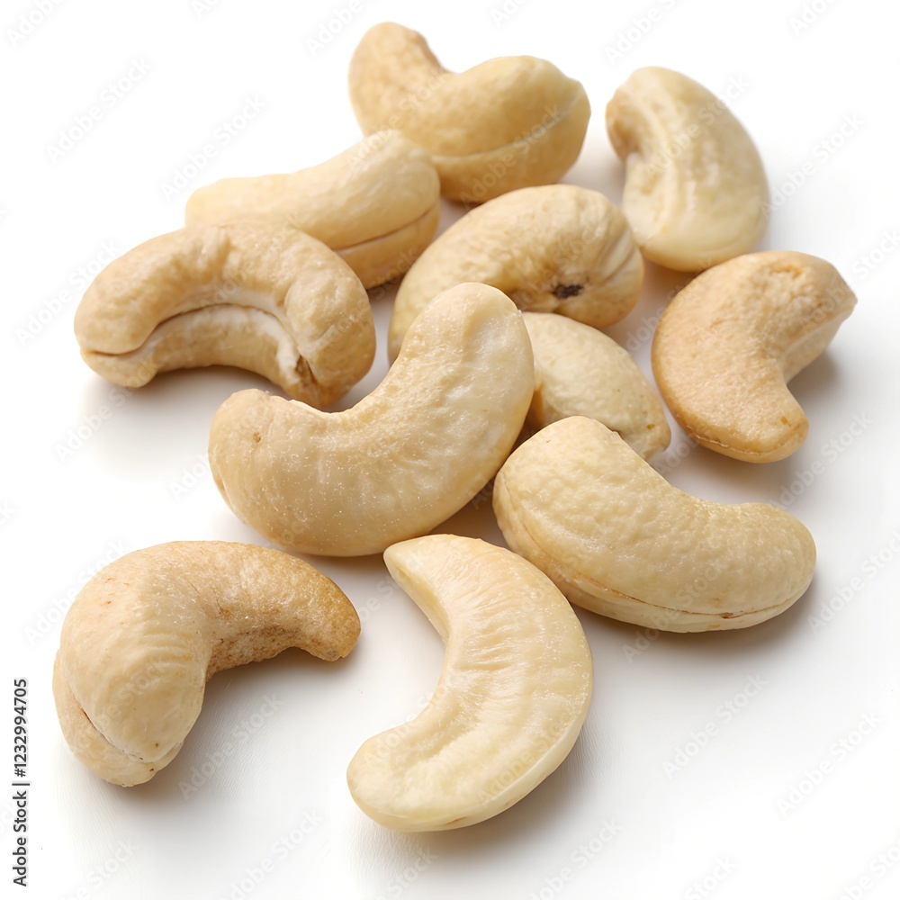 A professional image of whole cashew nuts, displaying their smooth, curved shape with a slightly glossy, beige color, scattered elegantly on a clean white surface. A professional image of whole cashew nuts, displaying their smooth, curved shape with a slightly glossy, beige color, scattered elegantly on a clean white surface.