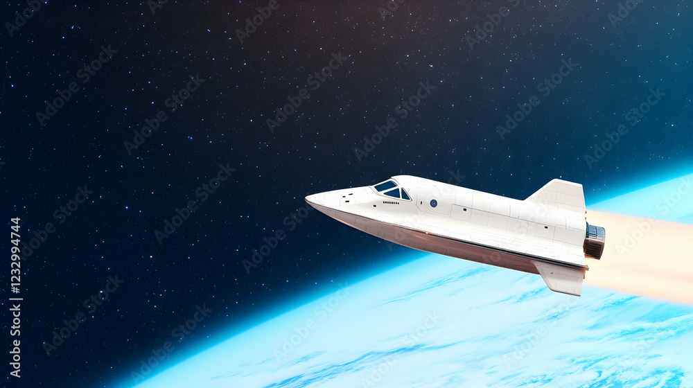 Fototapeta premium Spaceship soaring above Earth's atmosphere.