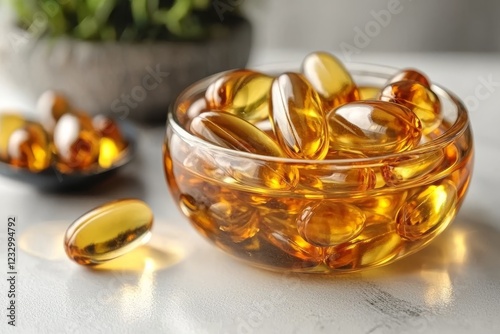 Fish oil capsules isolated on a white background, serving as a supplementary food. Rich in Omega 3. Contains Vitamin E