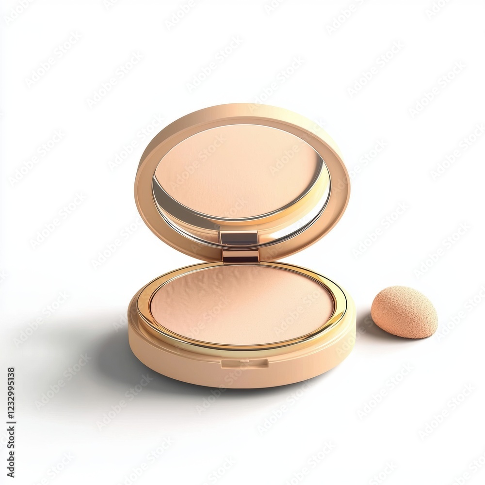 Compact pressed powder case with a built-in mirror and a powder puff, placed on a bright white background Compact pressed powder case with a built-in mirror and a powder puff, placed on a bright white background