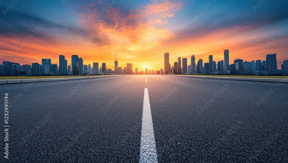 Obraz premium Urban Skyline at Sunset: A Majestic View from the Road
