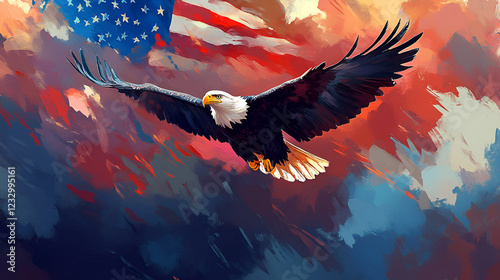 Artistic Style Painting of American Bald Eagle with American Flag in the Background American Eagle Aspect 16:9 photo