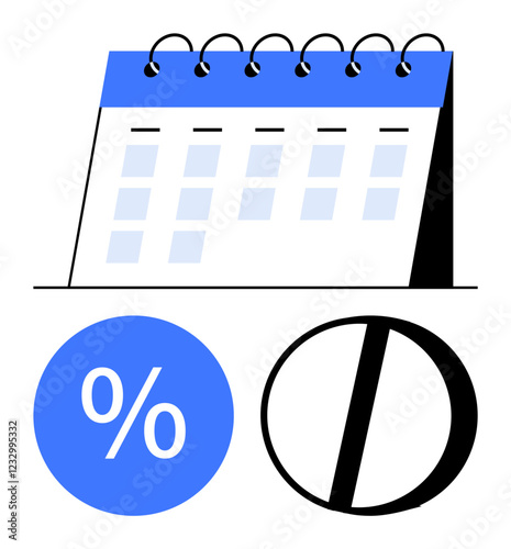 Calendar on spiral stand alongside percentage and prohibition symbols. Ideal for scheduling, planning, deadlines, time management, organization, productivity, financial planning restriction. Blue