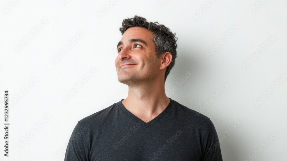 man looking up and smiling on white background man looking up and smiling on white background