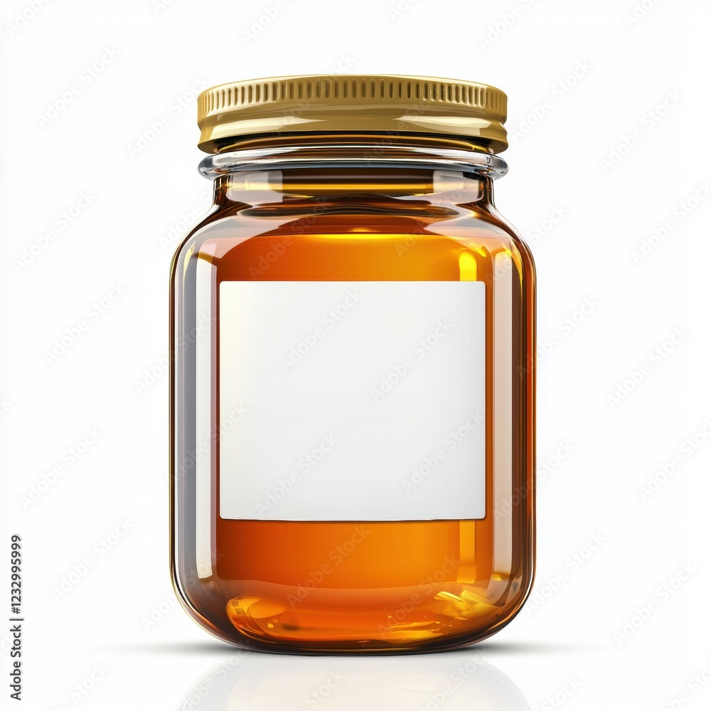 Elegant glass jar mockup for honey or jam with a blank label, centered on a clean white background Elegant glass jar mockup for honey or jam with a blank label, centered on a clean white background