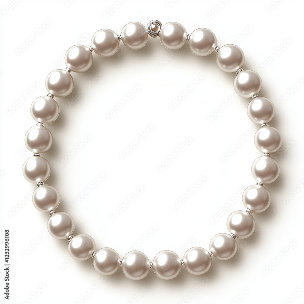 Elegant pearl necklace with a minimalist clasp, centered on a clean white background Elegant pearl necklace with a minimalist clasp, centered on a clean white background