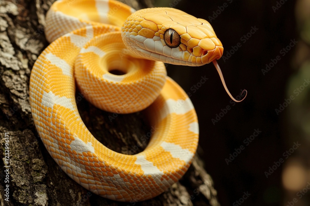Fototapeta premium Albino snake coiled on a smooth tree bark