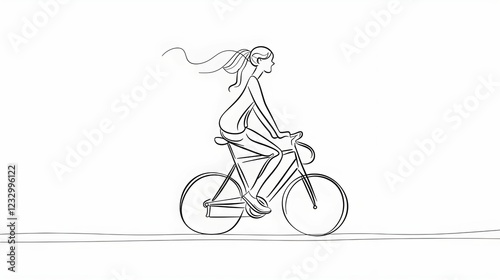 Line drawing of a girl riding a bicycle on a road during a sunny day