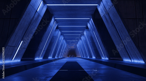 Fototapeta Naklejka Na Ścianę i Meble -  Underground concrete road high way tunnel with low key blue lighting industrial grunge concrete background 3d render illustration
