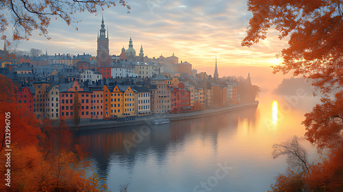 Autumnal Stockholm sunrise, misty river, colorful buildings, travel postcard