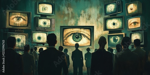 A surreal depiction of a crowd with TV screens as heads, symbolizing media influence, conformity, and dystopian themes.