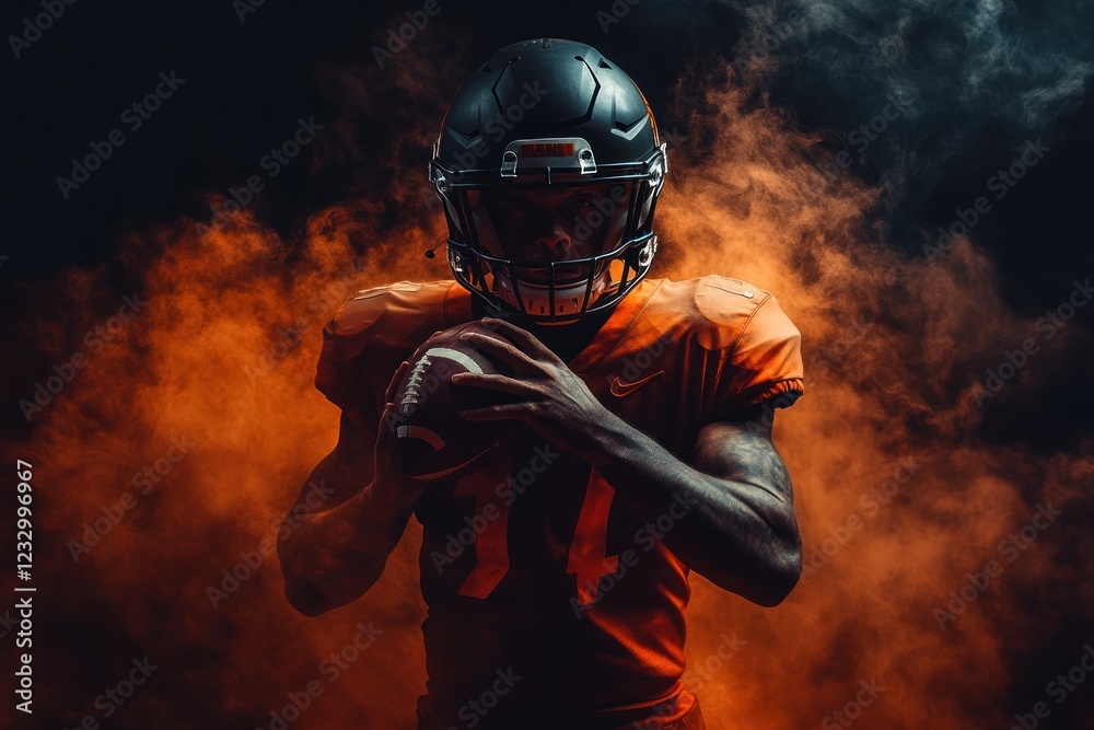 Naklejka premium American Football Player Action Shot: Fierce Determination in Orange Jersey