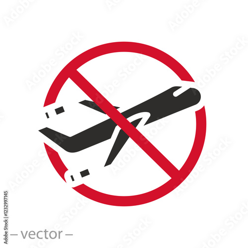 ban travel on plane, no flight icon, no fly zone, flat symbol on white background