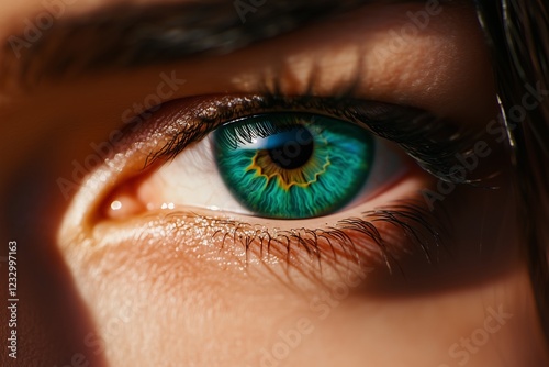 Macro shot of a womana??s bright turquoise-green eye, showcasing sharp detailing and fine textures within the iris, captured in ultra HD photo