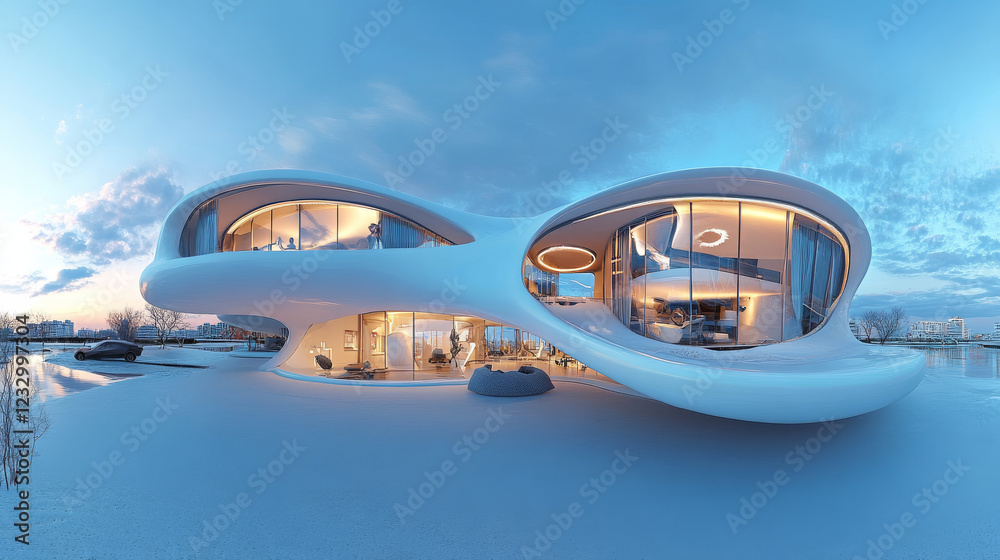 Fototapeta premium full 360 panorama view of white futuristic building environment with bright lighting 3d render illustration hdri hdr vr style
