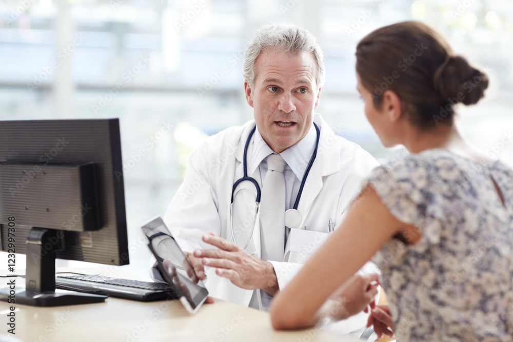 Doctor, woman patient and tablet for diagnosis in office, plan treatment and explain medicine. Physician, hospital and medical appointment with client for healthcare support, talking and consulting Doctor, woman patient and tablet for diagnosis in office, plan treatment and explain medicine. Physician, hospital and medical appointment with client for healthcare support, talking and consulting