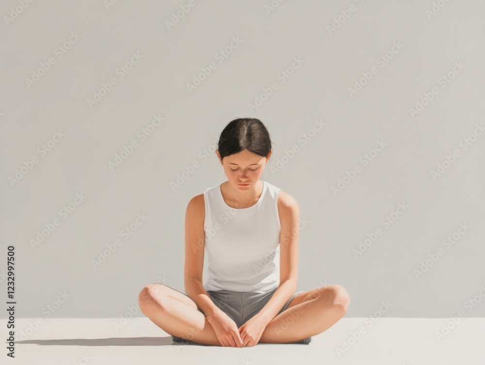 Fototapeta premium young woman meditating in a white tank top and gray shorts